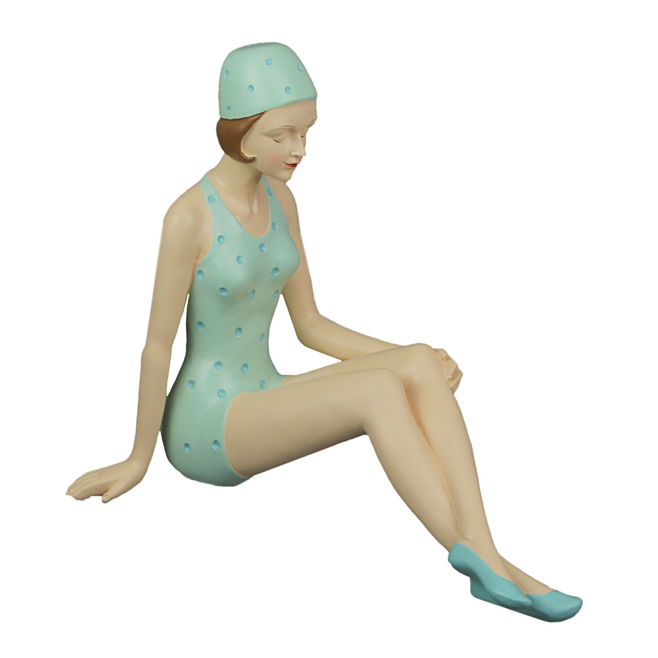 Retro Bathing Beauty Beach Girl In Coral Pink / Blue Polka Dot Swimsuit Statue
